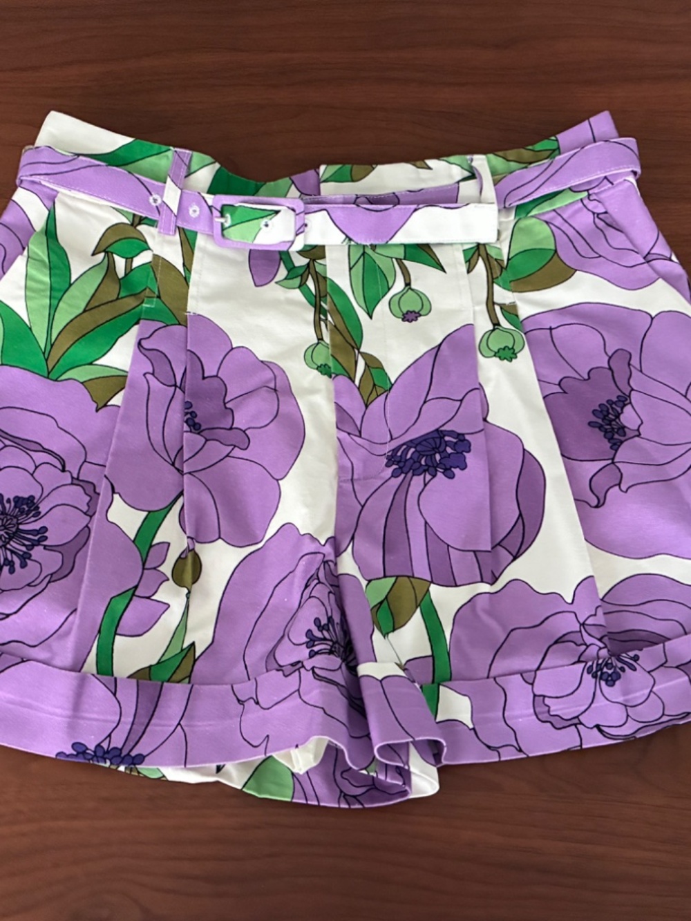 Hyacinth House Floral Pleated Shorts Size Large Belted Purple Green - Picture 5 of 9